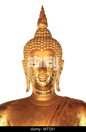 Golden statua del Buddha isolato su sfondo bianco Foto Stock