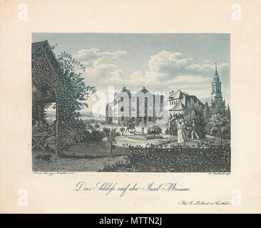 . Das Schloss auf der Insel Meinau, Aquatinta in Blaudruck von Caspar Burkhardt nach einer Zeichnung von E. Labhart, 19. Jh.; 19,5 x 23,5 cm . Xix secolo. Caspar Burkhardt dopo E. Labhart 546 Schloss auf der Insel Mainau Foto Stock