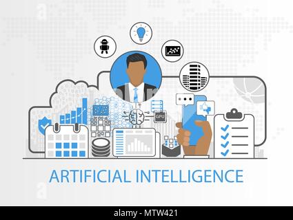 Sfondo vettoriale di imprenditore e le icone di intelligenza artificiale di concetto Illustrazione Vettoriale