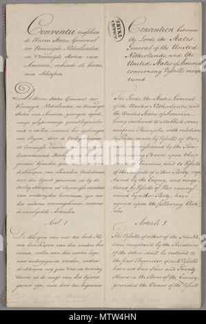 . Nederlands: Akte van traktaat van vriendschap en commercie met een separare conventie te 's-Gravenhage gesloten tussen de Staten-Generaal en de Verenigde Staten van Amerika. Met bijlagen 1780, 1782. 8 oktober 1782 . 24 marzo 2014, 11:39:15. Nationaal Archief, Staten Generaal 447 NL-HaNA 1.01.02 12597.25620 Vriendschapsverdrag met de Verenigde Staten Foto Stock