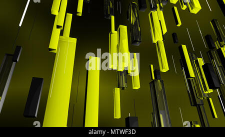 Un lussuoso 3d rendering di dorato, grigio e nero tubi rettangolari che rientrano insieme con righe bianche nel buio sfondo giallo. Essi creano la Foto Stock