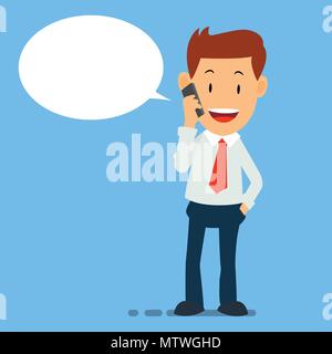 Happy Businessman utilizzando smart phone chat, uomo di lavoro utilizzare smart phone - illustrazione vettoriale per la concezione di business. Illustrazione Vettoriale