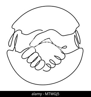 Vettore di icona di handshake in cerchio, continua una linea disegno. Bianco e nero illustrazione vettoriale. Concetto di logo, scheda, banner, poster, flyer Illustrazione Vettoriale