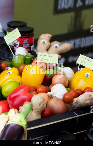 Relish realizzato da wonky frutta e verdura. Wonky Azienda alimentare stallo a un festival di cibo. Oxfordshire, Inghilterra Foto Stock