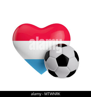 Lussemburgo bandiera forma di cuore con un pallone da calcio. Amano il calcio. Il rendering 3D Foto Stock