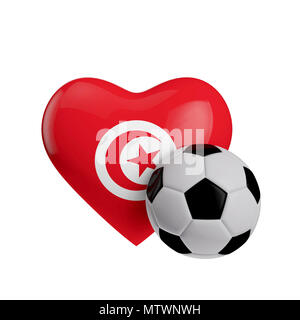 Bandiera della Tunisia forma di cuore con un pallone da calcio. Amano il calcio. Il rendering 3D Foto Stock