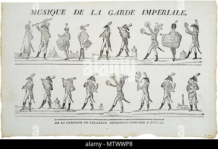 . Français : Musique militaire sous le 1er impero, immagine d'Epinal. Les percussioni (caisse roulante, grosse caisse, chapeau chinois, cymbales, tamburo basco) tiennent une parte ponderosa au détriment des instruments à vent disparates (basson, serpent cornet, clarinette, cor). Le tambour-major fait funzione de chef de musique. 1 maggio 2014, 15:48:43. Imagerie Pellerin Epinal. 433 Musique militaire sous le 1er impero, immagine d'Epinal. Foto Stock