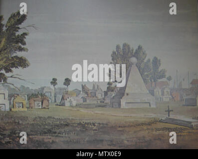 . New Orleans: Vista di San Louis cimitero #1, 1834, da Giovanni H. B. Latrobe. Nota Gli alberi delle navi a vela nel canale Carondelet visibile in lontananza. Il caratteristico 'piramide con una manopola' tomba della famiglia Varney; 2007 fotografia . 1834. J.H.B. Latrobe (John Hazlehurst Boneval Latrobe, 1803-1891) 576 StLouisCem1JHBLatrobe1834 Foto Stock