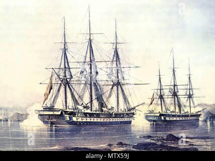 . Español: Pintura del Combate Naval de Abtao, en exhibición en el Museo Naval del Ministerio de Marina del Reino de España, Fragatas de hélice Blanca y Villa de Madrid. Obra de Federico Castellón Martinez. Inglese: Spagnolo fregate a vite Blanca e Villa de Madrid durante la battaglia navale di Abtao (1866), spagnola Museo Navale di Madrid. Dipinto da Federico Castellón Martinez. . Federico Castellón Martínez 439 Battaglia navale di Abtao (1866) Foto Stock
