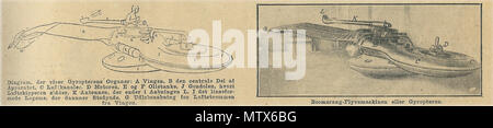 . Piano di Gyropter inventato da Papin e Rouilly provenienti dalla Francia, dalla rivista danese 'Illustreret Familiejournal' (illustrata Familyjournal) 1914 n. 44, p. 29. La didascalia recita:'Schema che mostra le parti del gyropter: A. L'ala. B. La parte centrale della macchina. C. Airchannels. D. Il motore. E & F. Il oiltank. J. La gondola, in cui l'aircaptain siede. K. L'antenna che termina nell'apertura L, I. Il corpo lenseshaped che crea un cuscino. G.Emitteropening per l'aereiforme dall'ala. La didascalia nella seconda foto si legge: 'Il boomerang macchina volante o il gyropter." . Di noi Foto Stock