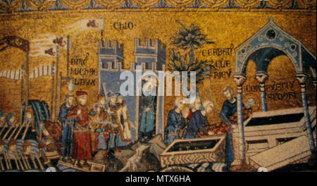 . Inglese: mosaico in San Isidor cappella nella basilica di San Marco Русский: Мозаика капеллы святого Исидора (Собор Сан Марко) - 'Перенесение мощей святого Исидора с острова Кью' . mid. XIV c.. anonimus 571 San Isidor cappella (San Marco) Foto Stock