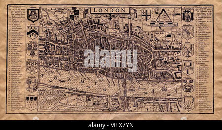. Inglese: il fiume Tamigi e le proprietà che lo circonda, in esecuzione da Lambeth attraverso di Smithfield. È interessante notare che non vi è stato solo un ponte sopra il fiume Tamigi in questo momento. Il 10 febbraio 2013, 13:14:21. John Norden e inciso da Peter Van Den Keere Lond on dopo il grande incendio da Emanual Bowen sulla base di un precedente lavoro di uno Wenceslaus Hollar 454 antiche mappe - Londra Foto Stock