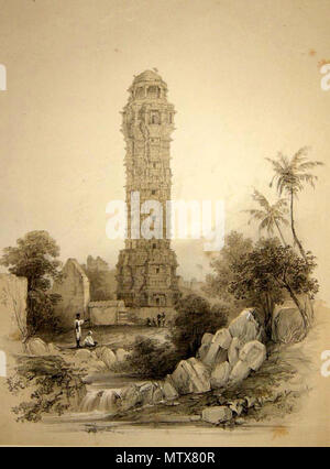 . Inglese: Vijaya Stambha . (Sconosciuto). Proprietà predefinita del governo dell India. 454 vecchia foto del famoso Vijaya Stambha Foto Stock