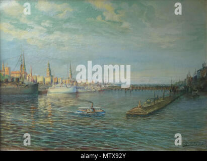 . Deutsch: Ansicht der Stadt Riga von der Düna gesehen. Signiert 1919. Öl auf Leinwand 50 x 60 cm. Inglese: Vista della riga, visto dal fiume Daugava. firmato 1919 olio su tela 50 x 60 cm Latviešu: Skats uz Rīgu no Daugavas, ar signatūra 1919, eļļa uz audekļa 50 x 60 cm . 11 agosto 2016. Rudolf Feyler 530 Rudolf Feyler1919 Foto Stock