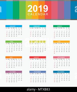 Semplice layout di calendario per l'anno 2019. Inizia settimana da domenica. Illustrazione Vettoriale