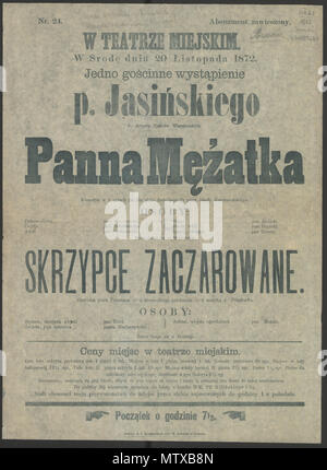 . Polski: Afisz teatralny z 1872 roku wykorzystujący rączki . 1872. J. I. Kraszewski 465 Pannamezatka Foto Stock