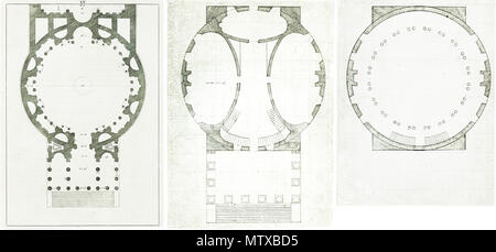 . Il confronto dei piani di massa del Pantheon di Roma (sinistra) e Thomas Jefferson la rotonda dell'Università della Virginia (medio: piano terra, destra: dome camera). Il piano del Pantheon è quello di Andrea Palladio nel suo ristampare da Giocomo Leoni-vale a dire il piano che Thomas Jefferson aveva accesso a durante la progettazione della Rotunda. 1570 / 1821 / 1821. Andrea Palladio / Thomas Jefferson / Thomas Jefferson 466 Pantheon Rotunda (Jefferson) Confronto Foto Stock