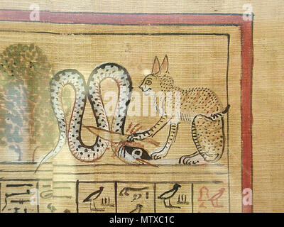 . Inglese: dettaglio dal Papiro di Hunefer; il dio sole rappresentato come un gatto che uccide il serpente di oscurità con un coltello. Español: Apofis herida por Miuty, el "Gran Gato de Heliópolis". Papiro de Hunefer. . Il 10 dicembre 2007, 23:37 (ora UTC). sconosciuto artigiano egiziano 467 Papiro di Hunefer, dettaglio Foto Stock