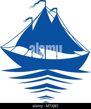 Silhouette di blu di una barca a vela isolato su uno sfondo bianco. Eps 10 Illustrazione Vettoriale