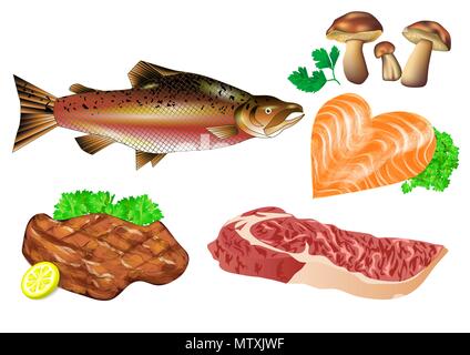 Carne, pesce, funghi isolati su sfondo bianco Illustrazione Vettoriale