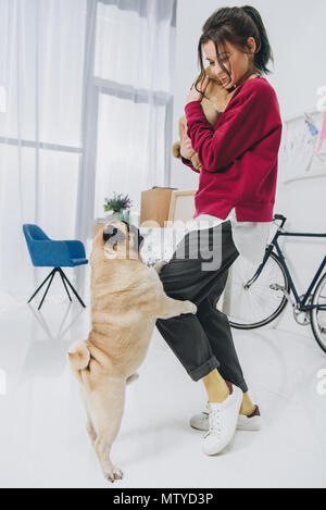 Bella ragazza giocare con pugs in stylish room Foto Stock