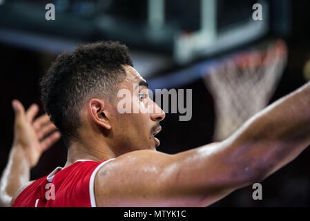 Bamberg, Germania. 29 Maggio, 2018. 29 maggio 2018, Germania Bamberg: Basket, Bundesliga, Brose Bamberg vs FC Bayern Monaco, semi-finale. Bamberg's Maodo Lo reagire durante il gioco. Credito: Nicolas Armer/dpa/Alamy Live News Foto Stock