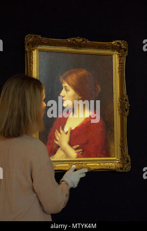 Londra, UK, 31 maggio 2018,Bonhams tenutasi a photocall per la vendita russo e riscoperto capolavori dal russo Opera di New Bond Street. ALEXEI ALEXEEVICH HARLAMOFF (Russo, 1840-1925) il scialle rosso. Stimato a £ 40.000 - 60.000 La vendita ha luogo il 6 giugno 2018. Credito: Keith Larby/Alamy Live News Foto Stock