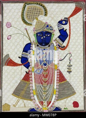 . Inglese: "blue-pelato dio Krishna è rappresentato vestito con un abito modellato e adornato con gioielli e ghirlande, in piedi davanti a un panno bianco di materiale floreale. Originariamente dal Tempio Nathdwar, Rajasthan' . tardo XIX secolo (realizzato). Autore Sconosciuto 570 Sri nathji Foto Stock