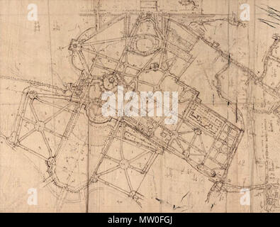 . Français : Détail des jardins bas sur le plan de brouillon des jardins de Meudon. ADY (78). Vers 1697. Il 14 agosto 2015. Inconnu (dessinateur francais du XVIIe siècle) 486 archivi piano des Yvelines jardins bas A 543 Foto Stock