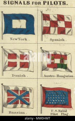 . Inglese: segnali per i piloti. Johnson nuovo grafico di emblemi nazionali, 1868.A.jpg Johnson nuovo grafico di emblemi nazionali. La stampa mostra le bandiere dei vari paesi, quelle percorse da navi e il 'Signals per piloti." nell'angolo in alto a sinistra è il 'degli Stati Uniti 37-stella bandiera, nell'angolo in alto a destra è il "Royal Standard del Regno Unito Gran Bretagna & Irlanda'; nell'angolo in basso a sinistra è il "russo" Standard e nell'angolo in basso a destra è il 'Standard francese." Il flag su questo foglio differiscono leggermente da quelli su di un altro foglio numerato 4 [top left] e 5 [alto a destra]. 1868. Foto Stock