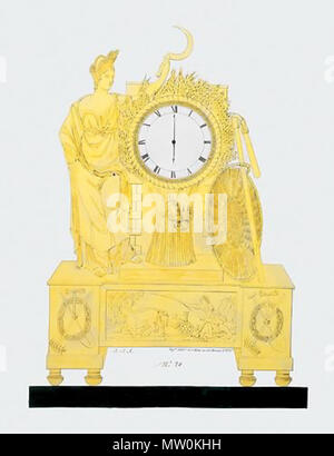 . Inglese: Acquarello e tempera su linea litografica, su cui la carta. Scritto: J. B. A. / Imprie Lithoque de C Motte rue des Marais Fg. San Gn. Numerati: 20. Dimensioni: 68 cm. da 50,4 cm. Per essere eseguita in bronzo dorato; metallo argentato comporre; marmo nero piattaforma. Il quadrante di orologio interno di un covone di grano in piedi contro un edificio quoined affiancato da una trituratrice e di spulatura cestello a destra e l'altro lato con la dea Cerere, lei ha sollevato il braccio tenendo un falcetto; la base con un rilievo centrale scena di aratura tra i trofei di attrezzi agricoli. I frutti d'estate sono qui Foto Stock