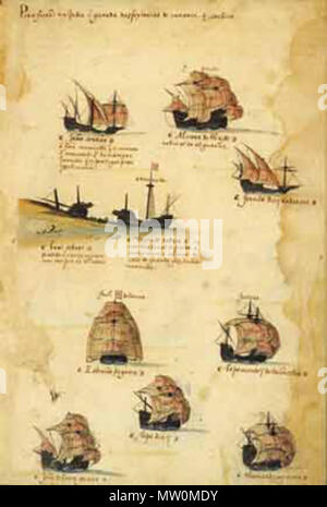 . Inglese: Raffigurazione del secondo squadrone (led di Vicente Sodré) e terzo squadrone (led da Estêvão da Gama) della quarta India portoghese Armada (1502) dal Livro das Armadas (Academia de Ciencias de Lisboa) . circa 1568. Sconosciuto 565 Sodre squadrone di 1502 Armada (Livro das Armadas) Foto Stock