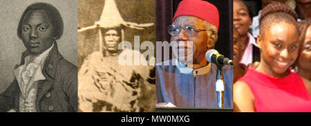 . Inglese: Montaggio di Igbo persone che includono: Olaudah Equiano, aka Gustavo Vassa, Jaja di Opobo (1821-1891)Chinua Achebe e Chimamanda Ngozi Adichie . Il 21 novembre 2008. Ukabia (PARLA) 291 Igbo persone Foto Stock