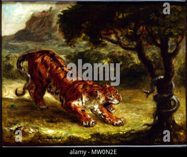 . Inglese: Tiger e Snake. Olio su tela, 13 x 16 1/4 in. . 1862 157 Delacroix - Tiger e Snake Foto Stock