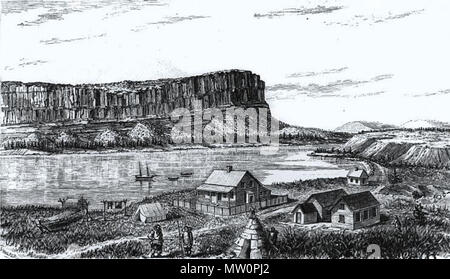 . Inglese: stampa, Baia di Hudson Post Nord Bluff, piccolo fiume di balena, QC, circa 1878, John Henry Walker (1831-1899), inchiostro su carta montati su scheda - fotolitografia - 9 x 17 cm Français : impressione, Poste de Nord Bluff de la Compagnie de la Baie d'Hudson, Petite rivière de la Baleine, QC, vers 1878, John Henry Walker (1831-1899), Encre sur papier monté sur carton - Photolithographie - 9 x 17 cm . circa 1878. John Henry Walker (1831-1899) 498 Poste de Nord Bluff Petite riviere de la Baleine 1878 Foto Stock
