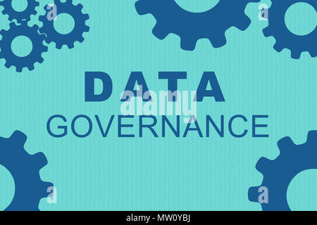 La governance dei dati concetto di segno illustrazione con blue ruota dentata figure su fondo azzurro Foto Stock