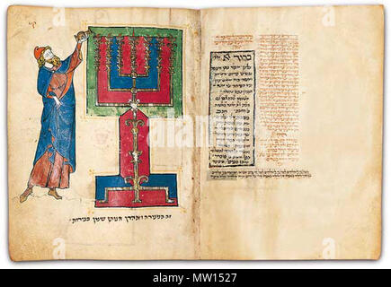 . Inglese: Folio 113b-114a del francese del Nord ebraico manoscritto Miscellanea - Aaron come Sommo Sacerdote. Aaron versa olio nelle lampade illuminate del Tabernacolo Menorah, il candelabro a sette bracci. circa 1278-98. Binyamin 449 North French Hebrew Miscellanea folio 5B.l Foto Stock