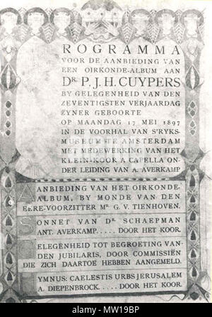 . Programma della presentazione di un certificato di apprezzamento in occasione del settantesimo compleanno di Pierre Cuypers . 1897 503 Programma della presentazione di un certificato di apprezzamento in occasione del settantesimo compleanno di Pierre Cuypers 0483 un Foto Stock