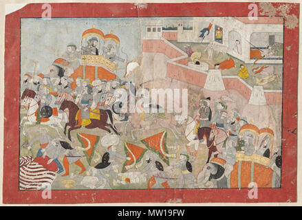 . Inglese: Sultan Alau'd Din messo in fuga; donne di Ranthambhor commettere Jauhar indiani, Pahari, circa 1825 La famiglia di Nainsukh, stile Kangra, Punjab Hills, India settentrionale Dimensioni totali: 22,2 x 32,6 cm (8 3/4 x 12 13/16 in.) immagine: 19,2 x 29 cm (7 9/16 x 11 7/16 in.) di medie o opaco tecnica acquarello su carta . 1825. La famiglia di Nainsukh, 580 Sultan Alau'd Din messo in fuga Foto Stock