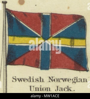 . Inglese: Svedese Norvegese Union Jack. Johnson nuovo grafico di emblemi nazionali, 1868.jpg Johnson nuovo grafico di emblemi nazionali. La stampa mostra le bandiere dei vari paesi, quelle percorse da navi e il 'Signals per piloti." nell'angolo in alto a sinistra è il 'degli Stati Uniti 37-stella bandiera, nell'angolo in alto a destra è il "Royal Standard del Regno Unito Gran Bretagna & Irlanda'; nell'angolo in basso a sinistra è il "russo" Standard e nell'angolo in basso a destra è il 'Standard francese." Il flag su questo foglio differiscono leggermente da quelli su di un altro foglio numerato 4 [top left] e 5 [in alto a destra Foto Stock