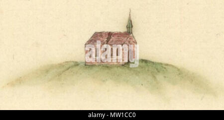 . Nederlands: De als gevolg van de Kerstvloed van 1717 zwaar vervallen kerk van Wierhuizen op de kaart van Henricus Teijsinga uit 1730. Il 28 ottobre 1730. Henricus Teijsinga 589 Teijsinga - kerk van Wierhuizen Foto Stock
