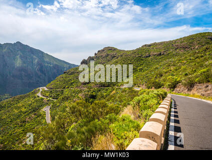 Vista del Teno montagne e Barranco de Masca, Masca Gorge, tortuosa strada di montagna, Parque Rural de Teno, Tenerife Foto Stock