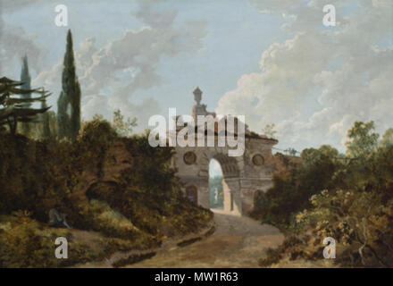 . Inglese: Olio su tela: 47 cm x 72.7 cm. Rovinato archway spanning una strada con alberi e boccole su entrambi i lati. tra circa 1760 e circa 1762. Richard Wilson 599 rovinato Arch in Kew Gardens Foto Stock