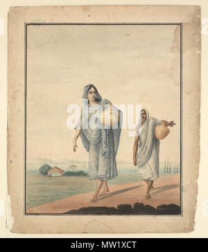 . Inglese: due donne che portano acqua in vasi, il gange al di là di due donne che portano acqua in vasi, il gange al di là dell artista: Bani Lal (c.1850-1901) Medio: acquerello data: 1880 ZoomifyInteractive immagine zoomabile (esigenze Flash) imageFull Stampa dimensioni immagine stampabile più metadati acquerello di due donne che portano acqua in vasi da Bani Lal (c.1850-1901), parte della collezione di Archer, c. 1880. L'artista Bani Lal era conosciuta per i suoi acquerelli che ritraggono persone indiane esecuzione di mestieri e professioni. Questo disegno è reso in Patna stile di pittura della società e raffigura due donne a piedi una Foto Stock