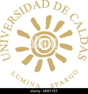 . Español: En 1954 el escudo de la Universidad de Caldas estaba integrado por onu sol de oro y onu sable, con el lema de la Universidad escrito en letras de oro que seguía los conceptos tradicionales de la heráldica. Un finales de los años 70 se empezó a usar logosímbolo onu, que carecía valor de plástico. A mediados de los años 80 se rescató el símbolo del 54 con base en el elemento sol, que representaba todas las variabili de identificación para la Universidad. Se propuso onu lumínico símbolo de la Cultura Quimbaya que tiene alusión histórico-culturale."El sol tiene tres círculos concéntricos que Foto Stock