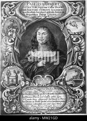 . Deutsch: Paul Wagner (1617-1697), Giurista kursächsischer und Bürgermeister der Stadt Leipzig; Kupferstich von Johann Caspar Höckner und Christian Romstet nach Christoph Spetner, 28,5 x 21,5 cm, Allgemeiner Porträt-Katalog, Nr. 27331 . 1665. Johann Caspar Höckner Romstet Cristiana (1640-1721) nomi alternativi Romsted Cristiana, Christian Rumstet, Christian Romstedt Descrizione incisore tedesco Data di nascita e morte 28 Febbraio 1640 21 Novembre 1721 Luogo di nascita e morte inglese: Weimar, Turingia, Germania Lipsia periodo di lavoro 1655-1721 sede di lavoro autorità di Lipsia controllo : Q185 Foto Stock