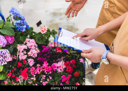 Vista ravvicinata di giardinieri con appunti a discutere di ordine in serra Foto Stock