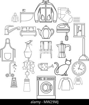 Dormitorio set di icone di stile di contorno Illustrazione Vettoriale