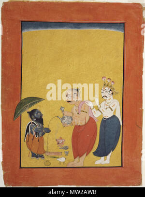 . Inglese: "Vamana, il nano Avatar di Vishnu pagina da una serie dispersa del Bhagavata Purana (Storia del signore Vishnu) realizzato in Mankot, Jammu e Kashmir India c. 1700-25 artista/autore ignoto, India, Jammu e Kashmir, Mankot acquerello opaco, oro e argento-vernice colorata su carta 11 5/16 x 8 13/16 pollici (28,7 x 22,4 cm) attualmente non in vista 2004-149-32 Alvin O. Bellak Raccolta, 2004 Etichetta intensità attraverso rituali religiosi, il demone re Bali ha conquistato gli dèi. Il dio Vishnu è venuto sulla terra come Vamana, il suo quinto avatar, per sconfiggerlo. Vamana appariva come una dwarflike bramino. Wh Foto Stock