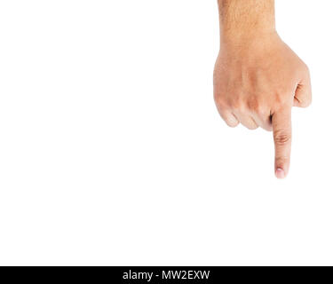 Mano d'uomo con la punta rivolta verso il basso su sfondo bianco.isolato. Foto Stock